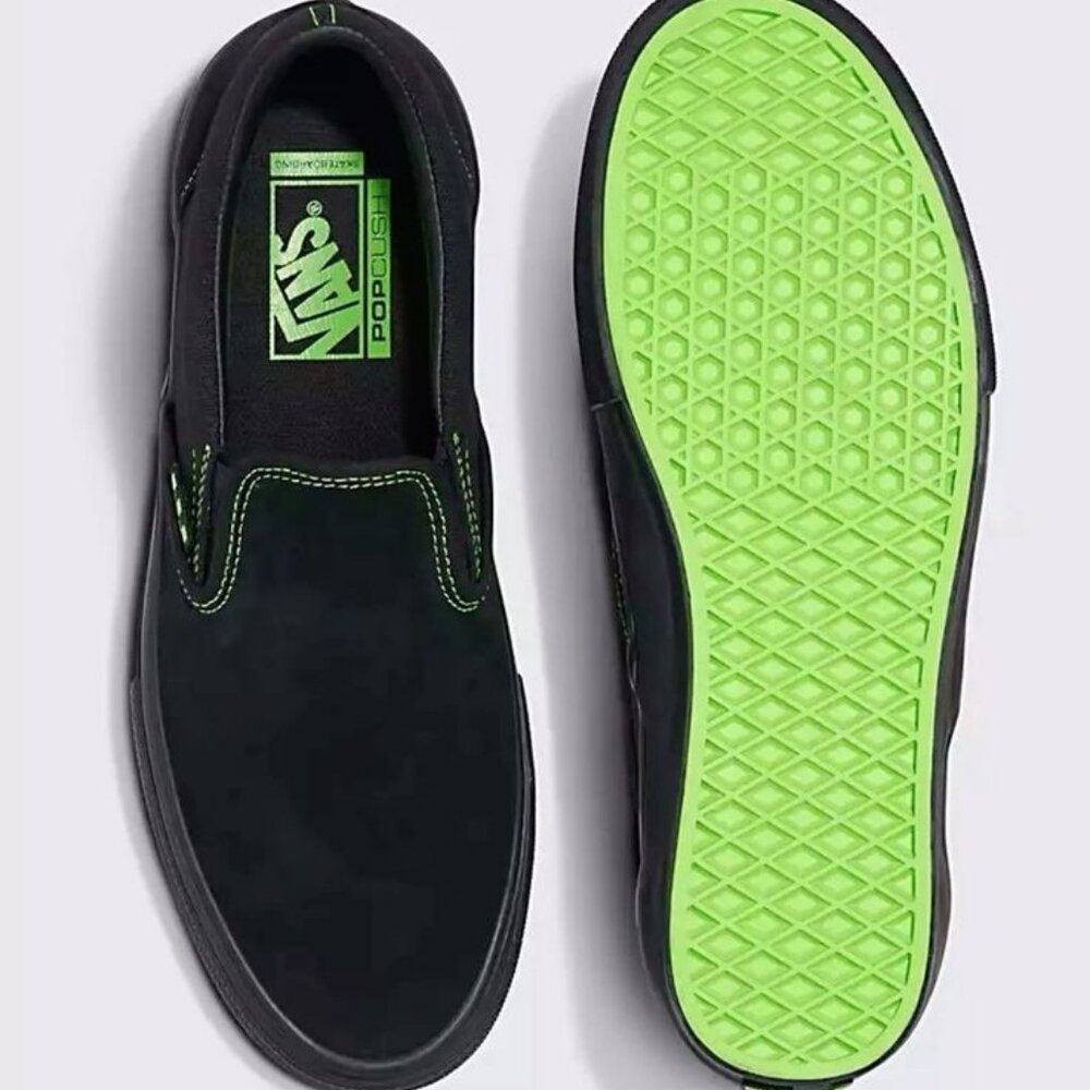 Vans Skate Slip On Shoes, Neon Black / Green, W 10.5, M 9, New